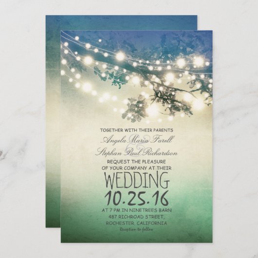 Rustieke boomtakken & strijklichten blauwgroen bru kaart (Voorkant / Achterkant)