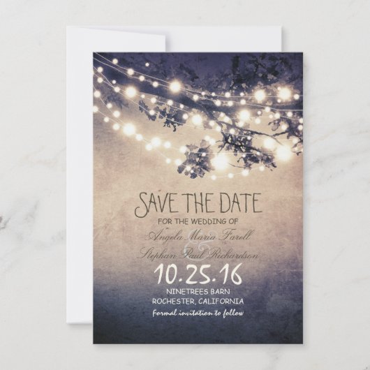 Rustieke boomtakken & string lichten bewaren de da save the date (Voorkant)