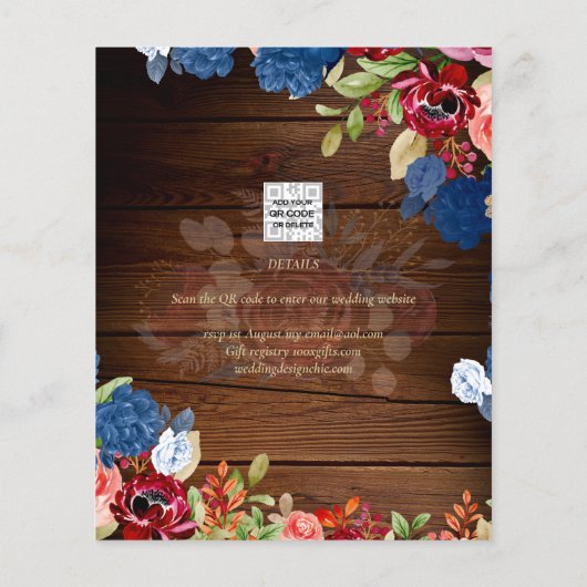 Rustieke bordeaux blauwe bloem bruiloft SAVE THE D (Achterkant)