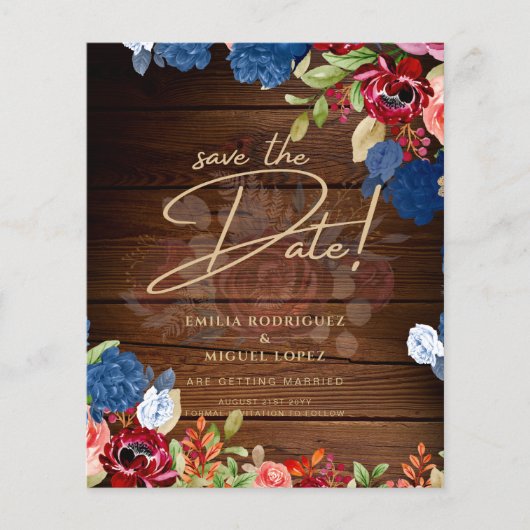 Rustieke bordeaux blauwe bloem bruiloft SAVE THE D (Voorkant)