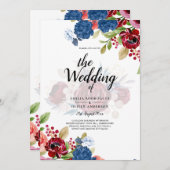Rustieke bordeaux blauwe bloemige bruiloft kaart (Voorkant / Achterkant)