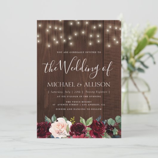 rustieke bordeaux bloemen bruiloft uitnodiging (Staand voorkant)