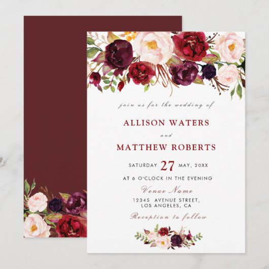 rustieke bordeaux bloemen bruiloft uitnodiging (Voorkant / Achterkant)