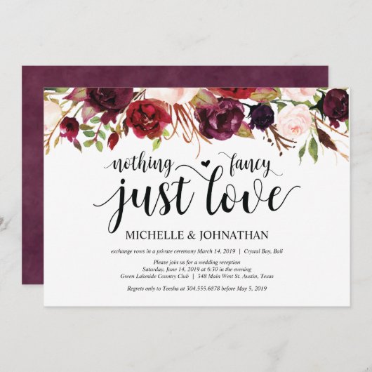 Rustieke bordeaux bloemige ontvluchting receptie u kaart (Voorkant / Achterkant)