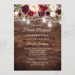 Rustieke bordeaux bloemlichten 16e Sweet Sixteen Kaart