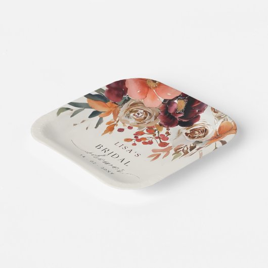 Rustieke bordeaux bloemrijke herfst bruidsdouche papieren bordje (Gebogen)