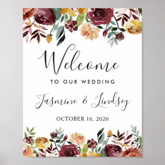 Rustieke bordeaux bloemrijke herfst bruiloft welko poster (Voorkant)
