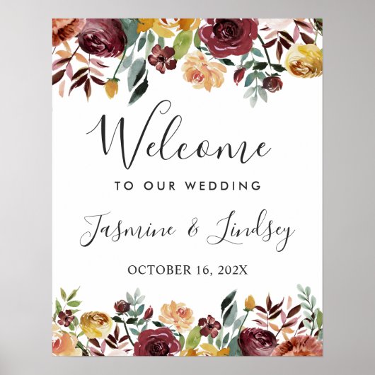 Rustieke bordeaux bloemrijke herfst bruiloft welko poster (Voorkant)