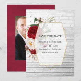 Rustieke bordeaux en witte bloemige geometrische t save the date