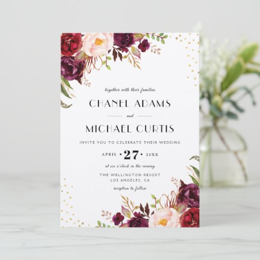 rustieke bordeaux huwelijksuitnodiging kaart (Staand voorkant)