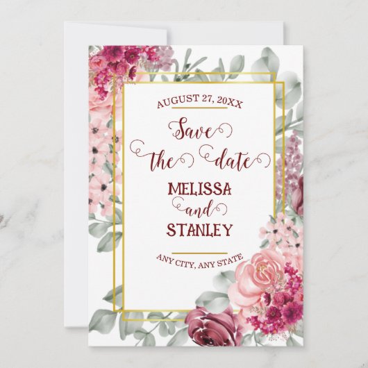 Rustieke bordeaux marsala roze bloem save the date kaart (Voorkant)