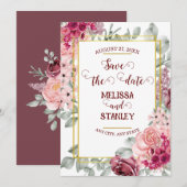 Rustieke bordeaux marsala roze bloem save the date kaart (Voorkant / Achterkant)