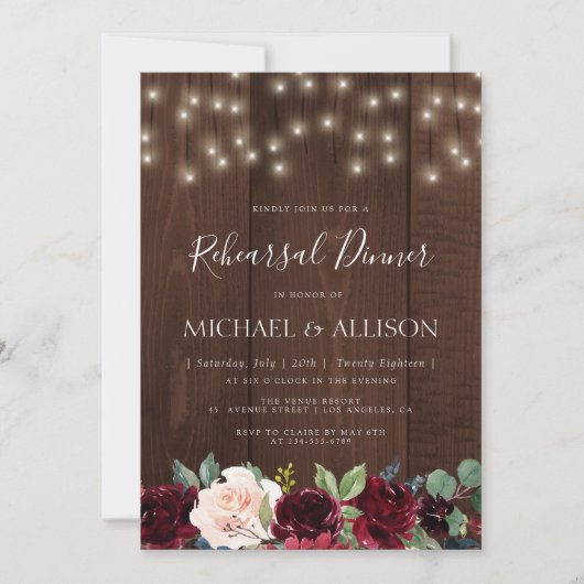 rustieke bordeaux repetitie diner uitnodiging (Voorkant)