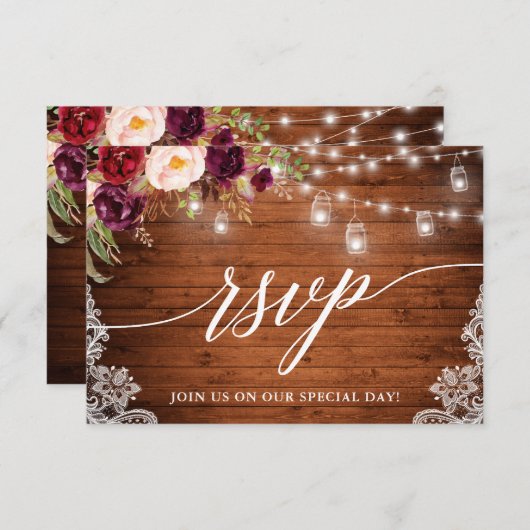 Rustieke bordeauxjarlampen kalligrafie bruiloft RSVP kaartje (Voorkant / Achterkant)