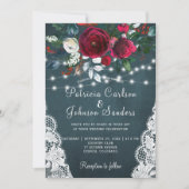 Rustieke bordeauxpioenen winterlichten kant bruilo kaart (Voorkant)