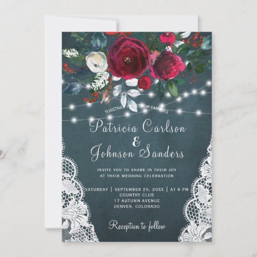 Rustieke bordeauxpioenen winterlichten kant bruilo kaart (Voorkant)