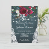 Rustieke bordeauxpioenen winterlichten kant bruilo kaart (Staand voorkant)