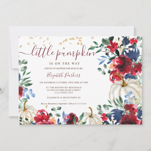 Rustieke bordeauxrode bloemenkleuren pompoen herfs kaart (Voorkant)