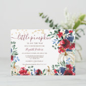 Rustieke bordeauxrode bloemenkleuren pompoen herfs kaart (Staand voorkant)