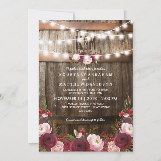 Rustieke bordeauxrode bloemenslinger voor trouwfee kaart (Voorkant)