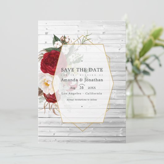 Rustieke bordeauxrode en witte bloemengeometrische save the date (Staand voorkant)
