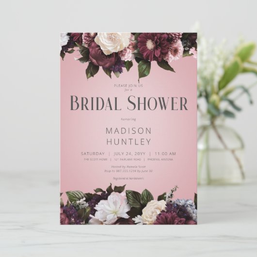 Rustieke bordeauxroom- en roze bloemige bruidsdouc kaart (Staand voorkant)