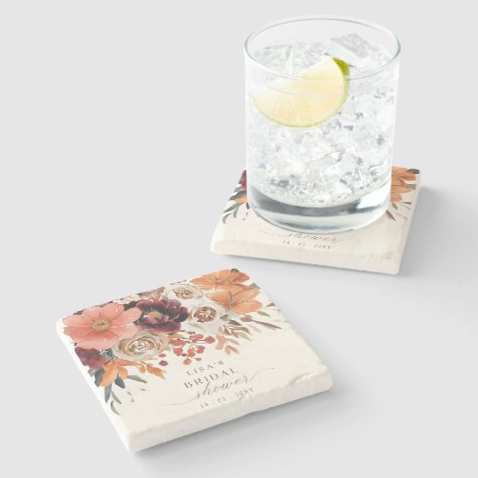 Rustieke bordeauxroze bloemige herfst bruidsdouche stenen onderzetter (Zijkant)