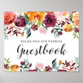 Rustieke bordeauxroze herfst bloemige trouwgastenb poster (Voorkant)