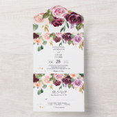 Rustieke bordeauxroze waterverf bloemen & gouden d all in one uitnodiging (Binnen)