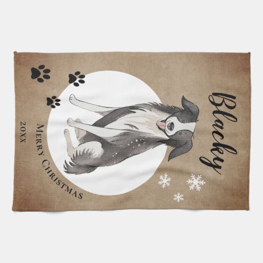 Rustieke Border Collie Tekening Pauw Vrolijk Kerst Theedoek (Horizontaal)