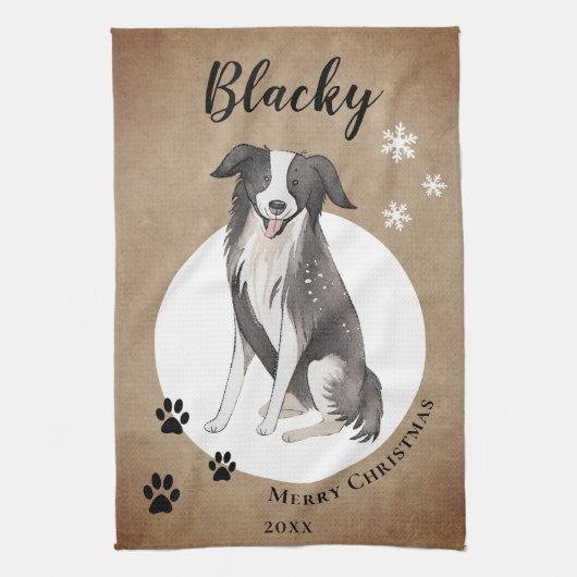 Rustieke Border Collie Tekening Pauw Vrolijk Kerst Theedoek (Verticaal)