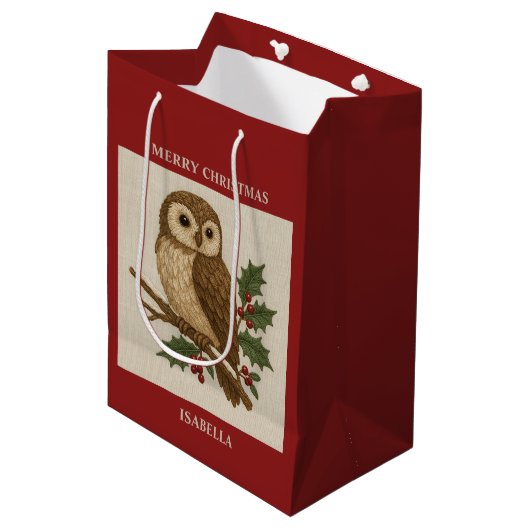 Rustieke borduurwerk kerstoil met Holly Medium Cadeauzakje (Voorkant Gekanteld)
