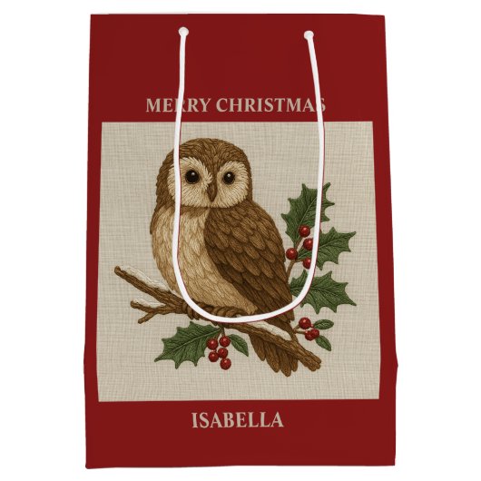 Rustieke borduurwerk kerstoil met Holly Medium Cadeauzakje (Achterkant)