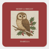 Rustieke borduurwerk kerstoil met Holly Vierkante Sticker (Voorkant)