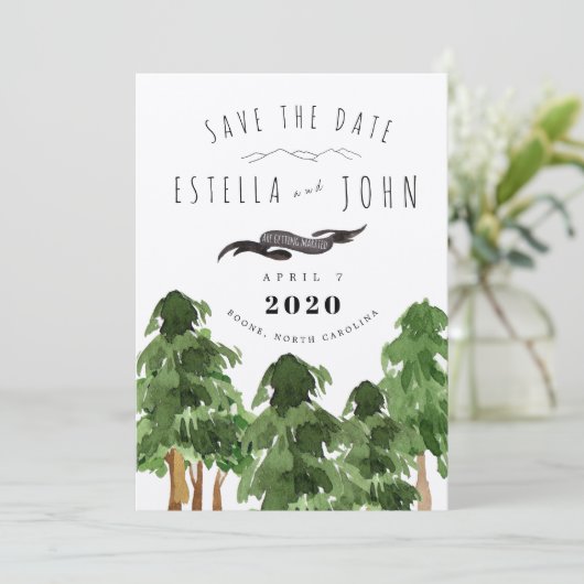 Rustieke bos berg save-the-date bruiloft kaart (Staand voorkant)