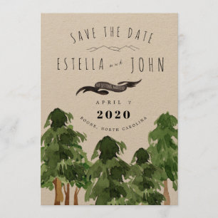 Rustieke bos berg save the date bruiloft kaart