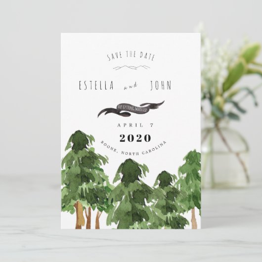 Rustieke bos berg save-the-date-huwelijk kaart (Staand voorkant)