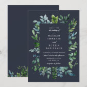 Rustieke bos bladeren marine blauw bruiloft kaart (Voorkant / Achterkant)