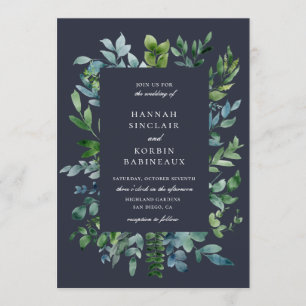 Rustieke bos bladeren marine blauw bruiloft kaart