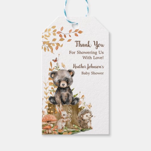 Rustieke bos bos neutrale baby shower cadeaulabel (Voorkant)