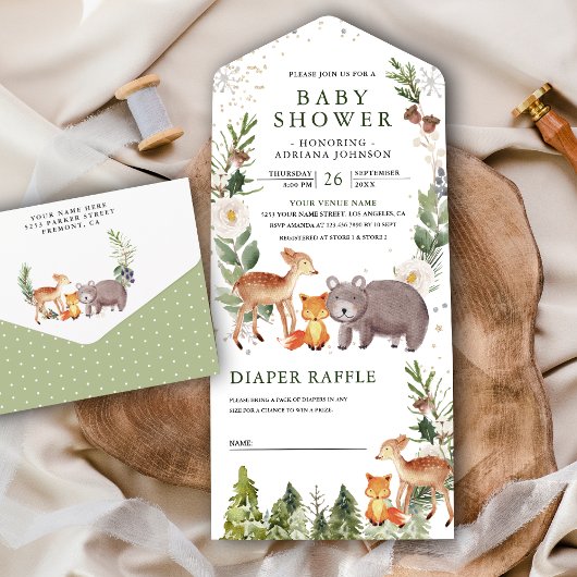 Rustieke bos bosdieren knuffeldieren babyshower all in one uitnodiging
