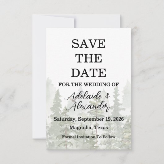 Rustieke bos bruiloft groen save the date (Voorkant)