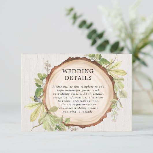 Rustieke bos buiten bos bruiloft details informatiekaartje (Staand voorkant)