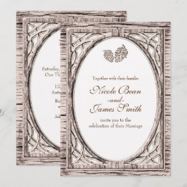 Rustieke bos dennenappel witte houten uitnodiginge kaart