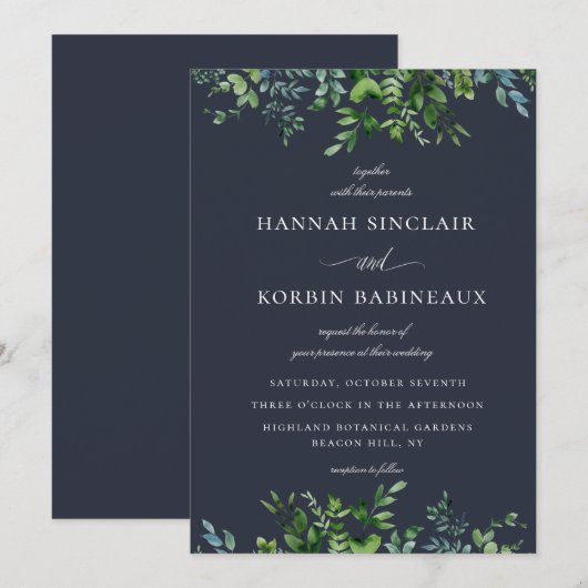 Rustieke bos gebladerte grens marine blauw bruilof kaart (Voorkant / Achterkant)