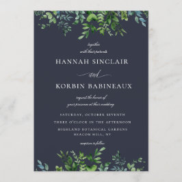 Rustieke bos gebladerte grens marine blauw bruilof kaart