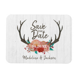 Rustieke bos herten gewei boeket save the date magneet