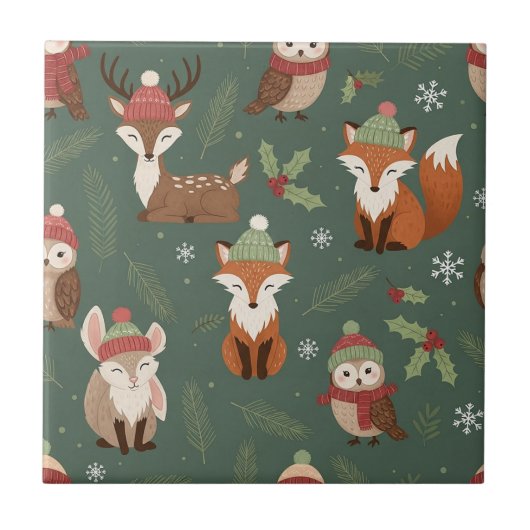Rustieke Bos Kerst Dieren Patroon Tegeltje (Voorkant)