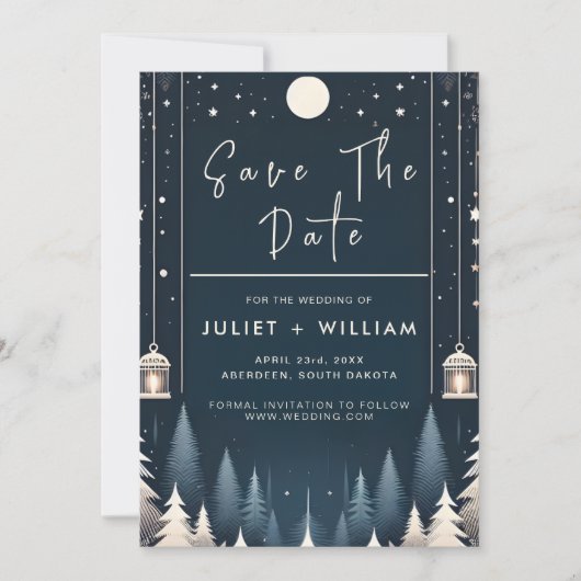 Rustieke Bos Sterren Sneeuw Heldere Winter Bruilof Save The Date (Voorkant)