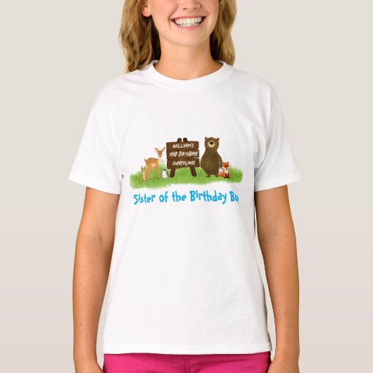 Rustieke bos verjaardagsfeestje dieren zus t-shirt (Voorkant)